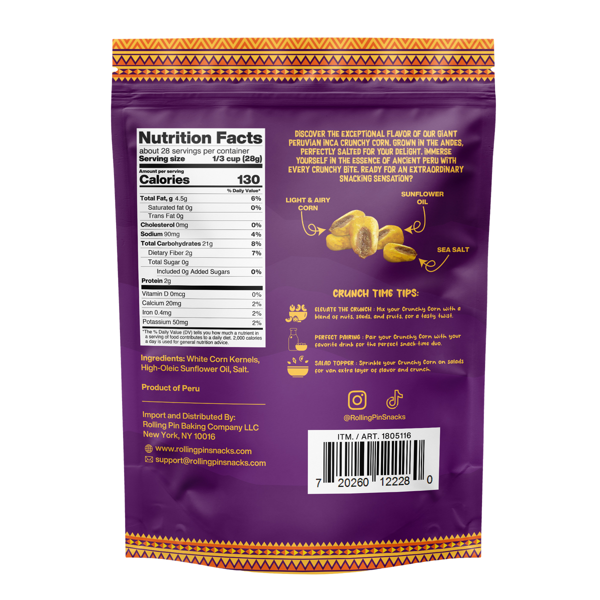 Giant Peruvian Crunchy Corn, Sea Salt | Rolling Pin Snacks