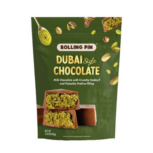 Dubai Chocolate package of Rolling Pin Dubai Style Chocolate  100g with images of chocolate bars and nuts on a white background.