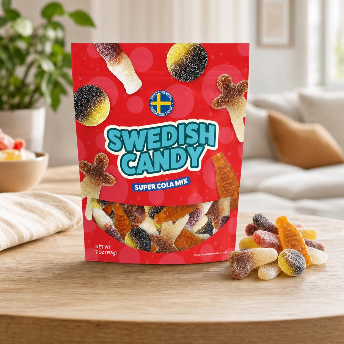 Swedish Candy Super Cola Mix 7 oz bag styled in a lifestyle setting