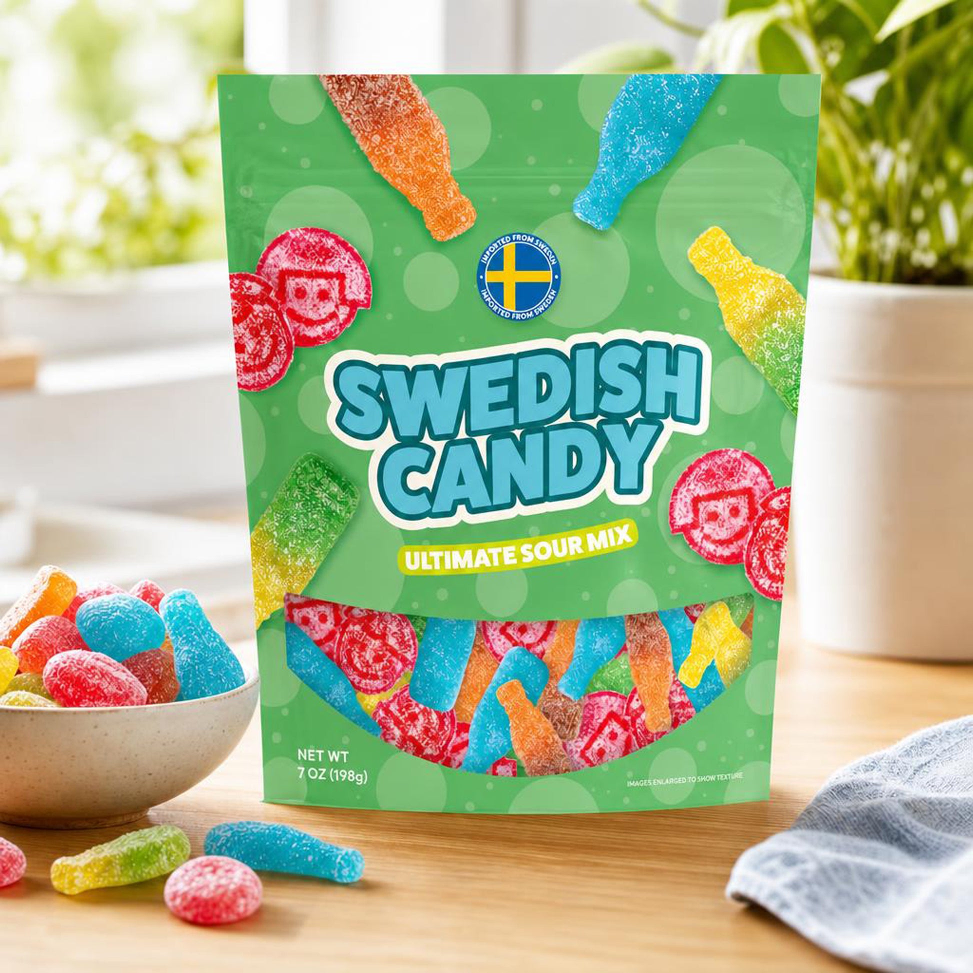 Swedish Candy Ultimate Sour Mix 7 oz bag styled in a lifestyle setting