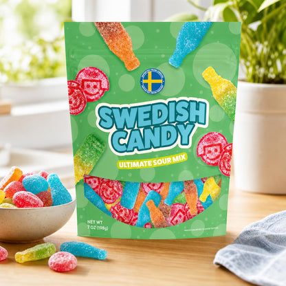 Swedish Candy Ultimate Sour Mix 7 oz bag styled in a lifestyle setting