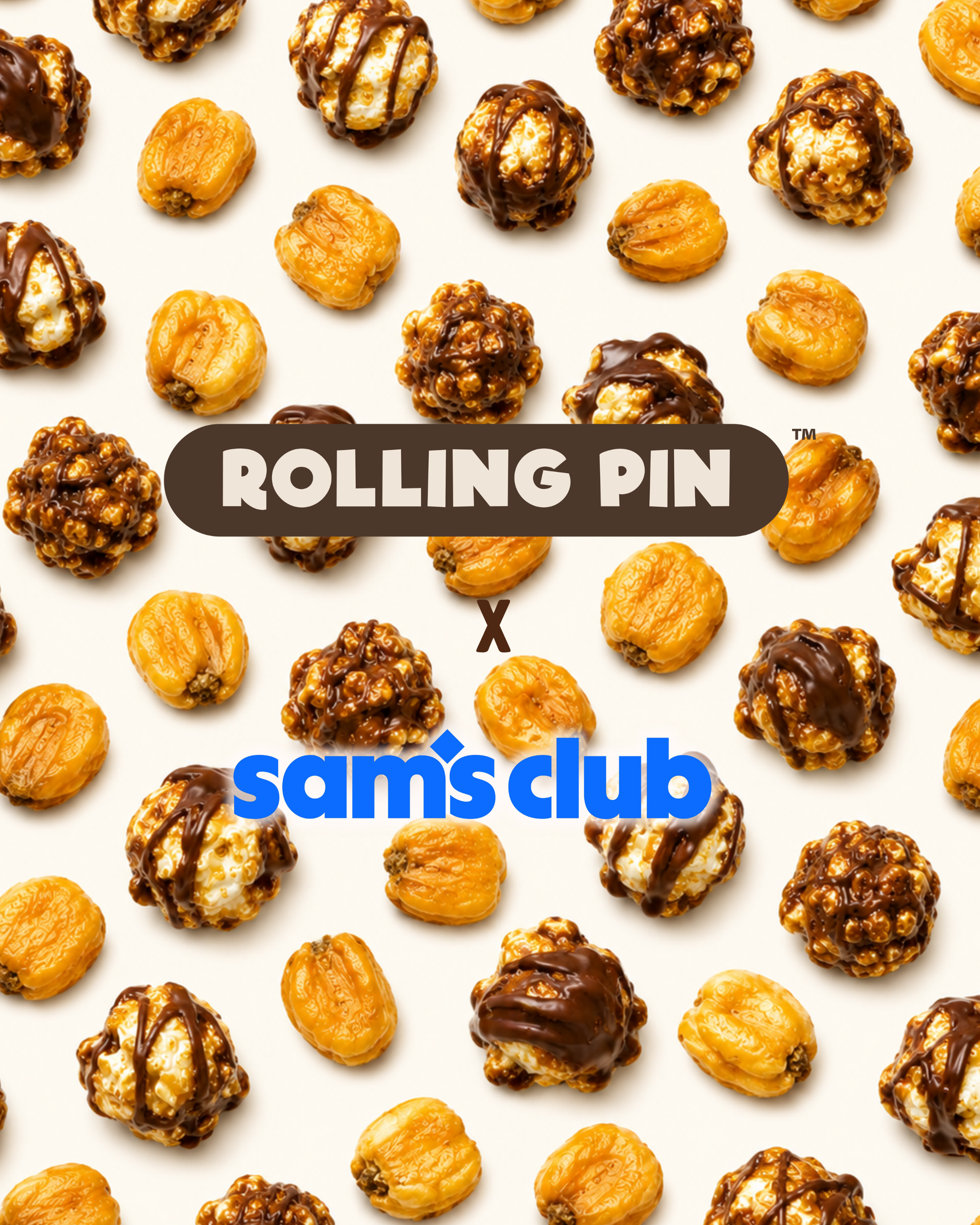 A repeating pattern of caramel popcorn and candied nuts on a light cream background, with a dark brown rounded label reading 'ROLLING PIN' and a blue 'sam's club' logo in the center.